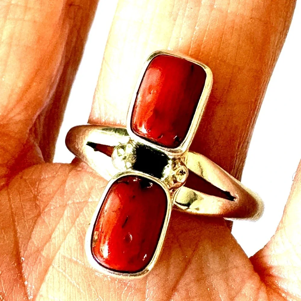 Navajo Red Branch Coral Ring Sz 9 Sterling‎ Signed A Two Stone High Shine Native
